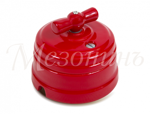 Выключатель ретро фарфоровый поворотный на два положения, для включения из 2-х мест (1-клавишный проходной, в комплекте с подъемной рамкой D70x60), цвет -  красный, ТМ "МезонинЪ" GE70404-06