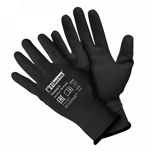 Перчатки из полиэстра с полиуретановым покрытием №9 L черные для точных работ